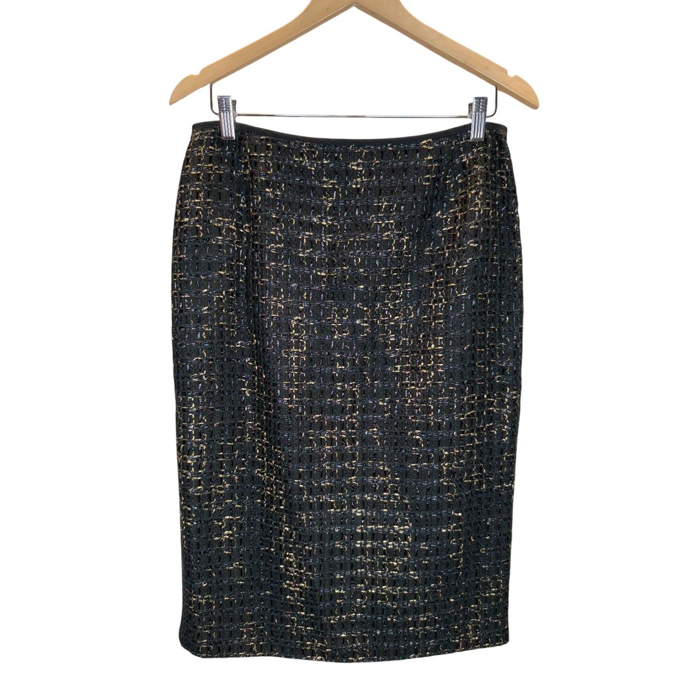 Lafayette 148 New York Pencil Skirt Women 6 Black Gold Metallic Tweed Workwear